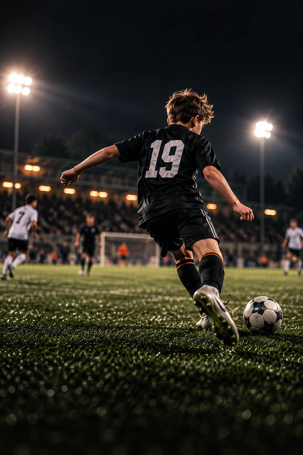 Illustration eines Fußballspielers mit der Nummer 19 unter Flutlicht